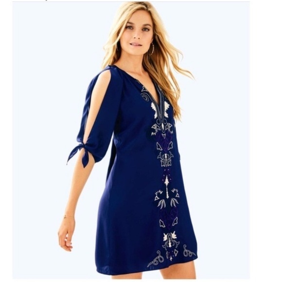 Lilly Pulitzer Bryce Silk Dress True Navy Embroidered Silk Cold Shoulder XS - Picture 1 of 8